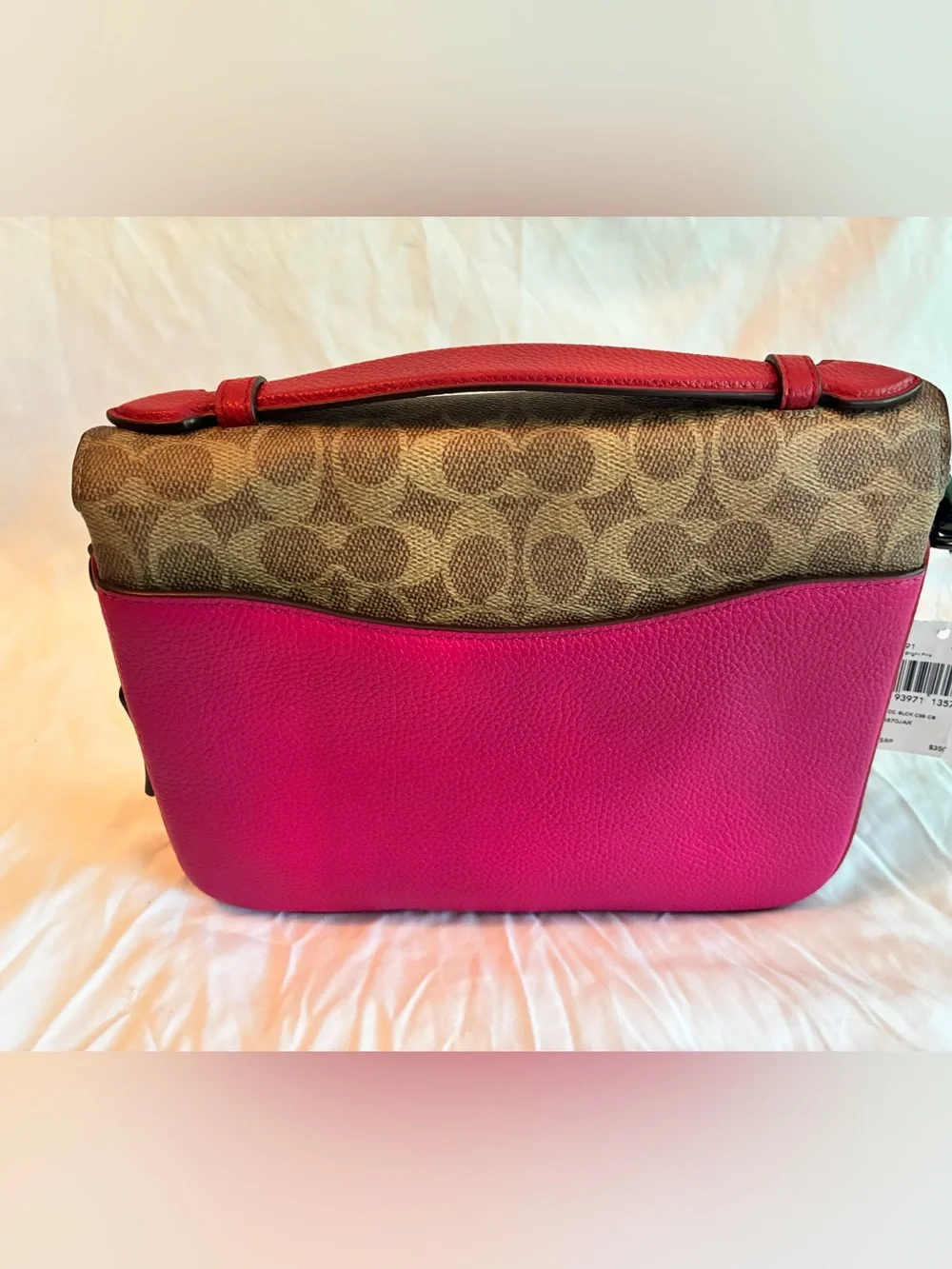 Coach Brown Signature Canvas Shoulder Bag with Pink Leather Trim